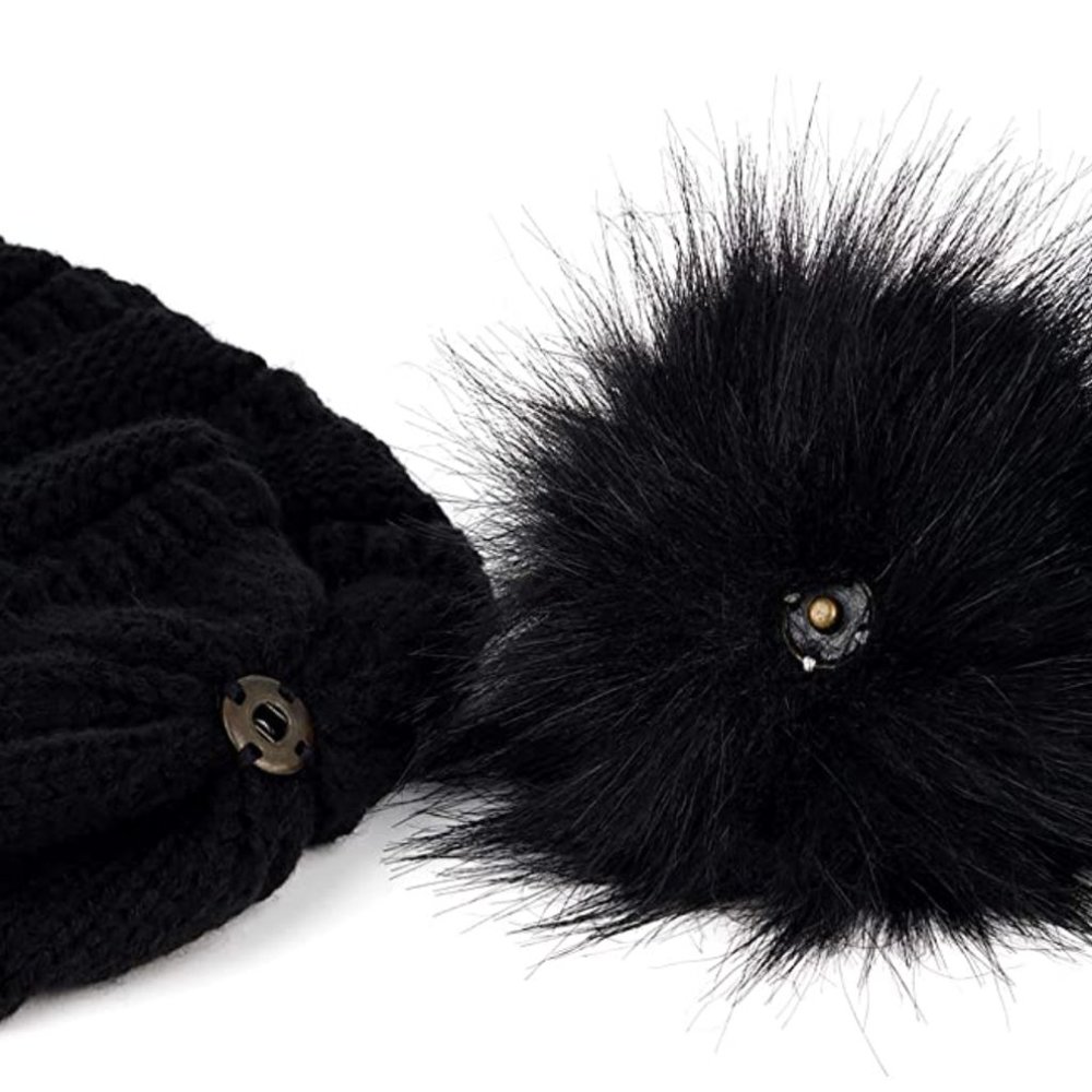 BLACK FAUX FUR POM POM KNIT HAT WINTER BEANIE - Picture 4 of 4